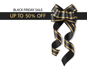 Black Friday sale design template. Decorative black bow with horizontal black ribbon and Black Friday sale up to 50 % off text. Vector illustration.	