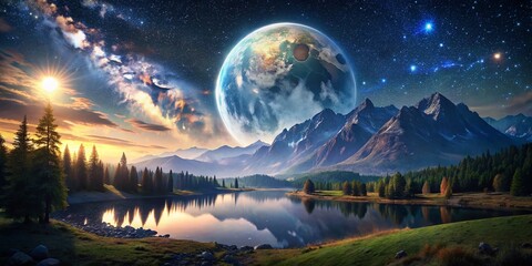Stunning Low Light Photography of Earth and Moon Landscape at Night, Capturing Celestial Beauty and Tranquility