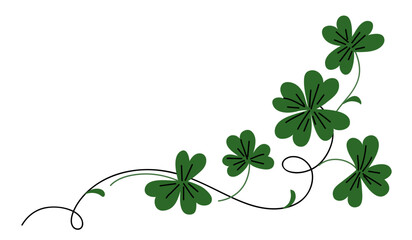Beautiful ornament with green shamrock leaf. Outline stem with leaf. Abstract decorative angular border element with stem and leaves. Frame design corner. Vector illustration.