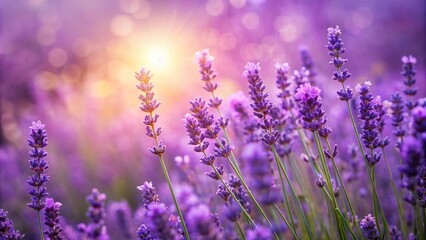 Purple background with a blooming garden of lavender flowers in full bloom, botanical, wildflowers, meadow, landscape