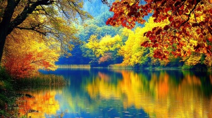  Wide view of a lake surrounded by autumn trees with vibrant colors, calm water reflecting the foliage