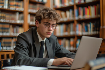 Focused student in a stylish suit studies intently at a grand library desk