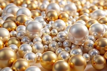 Stunning Panoramic View of White and Golden Pearls and Beads in 3D Rendered Spheres for Elegant Backgrounds