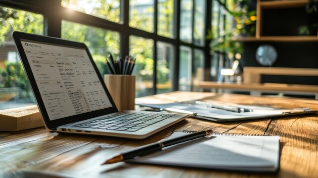 A modern home office workspace featuring a sleek laptop and neatly arranged stationery items for enhanced productivity