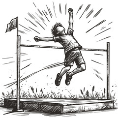 A child's hand-drawn sketch of a high jump victory is presented as a vector illustration