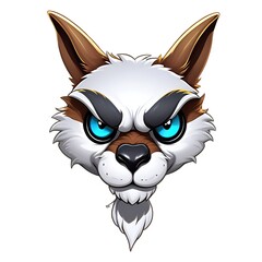 A fierce, cartoon wolf with blue eyes and a determined expression stares directly at the viewer.