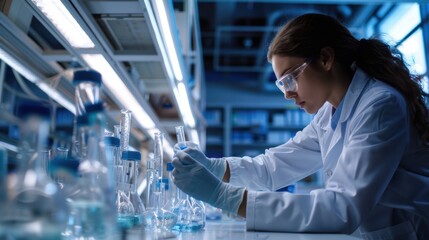 Female Chemist Innovating in Modern Laboratory with Advanced Equipment and Glassware