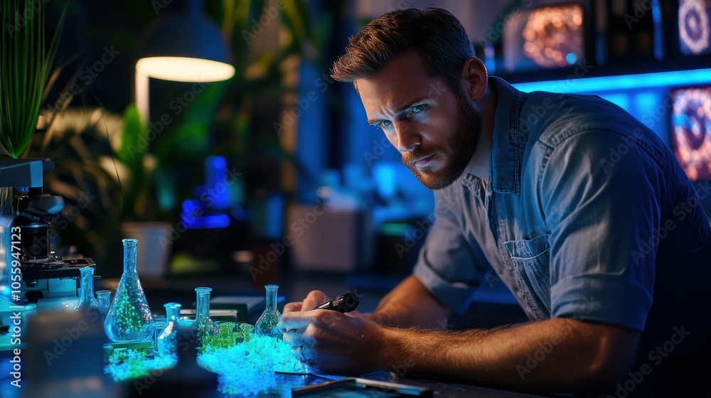 Poster a man examining a glowing chemical solution in a laboratory