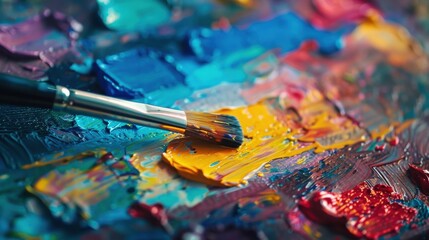 Fototapeta premium A defocused brush rests on a palette of vibrant hues.
