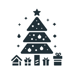 Christmas tree and gifts icon, black and white design, festive decorations, holiday spirit