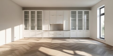 Fototapeta premium Bright modern kitchen, white cabinets, wood accents, large window, natural light, minimalist design, clean lines, neutral color palette, open space, hardwood floors, ceiling molding, contemporary styl