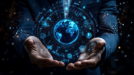 A businessman is holding a digital world map with icons, Hologram world map on hand