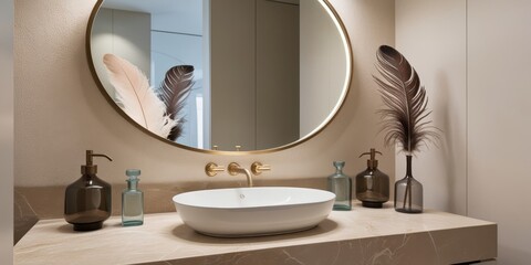 Modern bathroom interior, circular mirror, beige tones, minimalist design, vessel sink, feather decor, ambient lighting, textured wall, clean lines, contemporary aesthetic, organic shapes, warm atmosp
