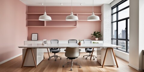 Modern office interior, minimalist workspace, pink accent wall, white brick, floating shelves, ergonomic chairs, large windows, city view, pendant lighting, wooden floors, potted plants, clean design,
