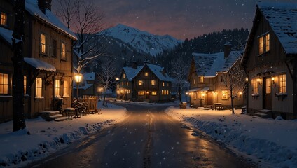 A snowy, nighttime village scene. Houses with warm lights, a paved road, and mountains in the background.

