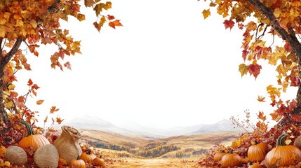 Autumn landscape with colorful leaves, pumpkins, and rolling hills under a clear sky, perfect for fall themes and Thanksgiving designs.