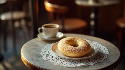 close up of a bagel on small round tables with lace doilies and small espresso cups, ambient lighting,  cozy café feel, pastry, bakery, afternoon tea time, high tea