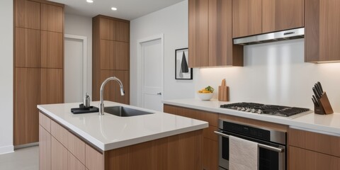 Fototapeta premium Modern kitchen interior, wood cabinets, quartz countertops, stainless steel appliances, subway tile backsplash, recessed lighting, minimalist design, U-shaped layout, natural light, clean lines, conte