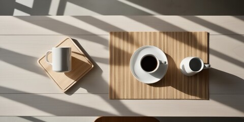 Minimalist still life, coffee cups and saucers, wooden cutting board, stark shadows, geometric composition, high contrast, overhead view, clean aesthetics, beige and white tones, Scandinavian design i