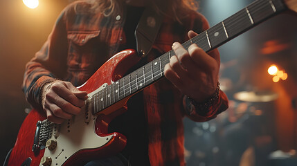 Obraz premium Close-up of a rock guitarist in a leather jacket playing intensely on stage with warm, moody lighting, capturing the energy and emotion of live rock music.