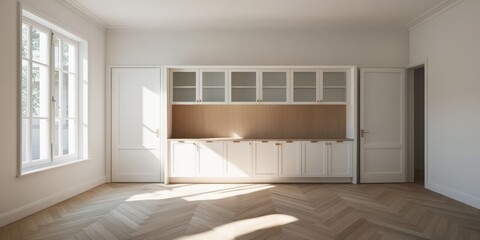 Bright modern interior, built-in white cabinets, glass cabinet doors, hardwood flooring, large windows, natural light, empty room, minimalist design, clean lines, neutral color palette, spacious, airy