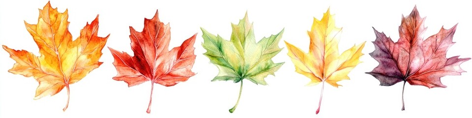 Obraz premium Autumn Maple Leaves Watercolor Illustration. Decorative Element Set in Vibrant Shades of Orange, Yellow, and Red