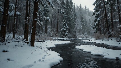 A snowy winter forest with a small stream flowing through. Trees are covered in snow.

