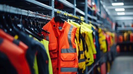 PPE drying racks filled with recently cleaned high-visibility vests and jackets, ensuring compliance with care guidelines