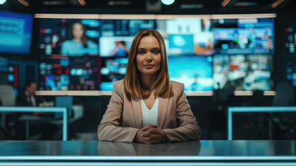 Professional TV Anchor Delivering Evening News in Modern Studio with Live Screens