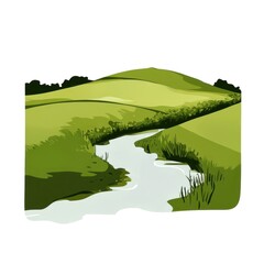 Serene landscape featuring lush green hills with a winding stream.