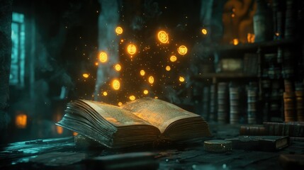Magic book with floating glowing symbols above its pages, lighting up a dark, mysterious room with mystical energy.