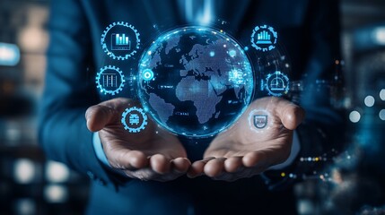 A businessman is holding a digital world map with icons, Hologram world map on hand