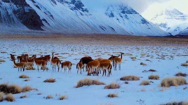 Llamas Animals Wilderness Landscape Guanacos Lama Guanicoe Snowy Mountains Torres Del Paine Nature Winter Patagonia