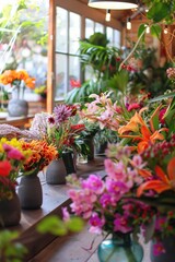 Fototapeta premium Floral Design Workshop: Participants Creating Intricate Arrangements with Vibrant Flowers for Decor