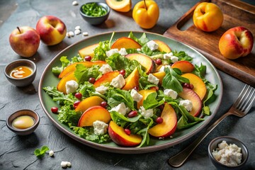 Summer Peach and Cheese Salad on Tile Table - Fresh and Colorful Dish for Healthy Eating Inspiration