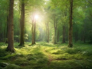Obraz premium Sunlight in a green forest. Forest sunbeam. Ray of sunlight in forest green. Mossy forest sunbeam
