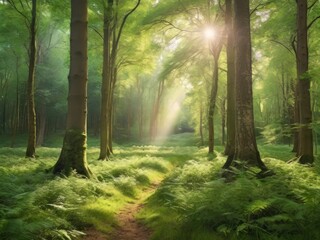 Obraz premium Sunlight in a green forest. Forest sunbeam. Ray of sunlight in forest green. Mossy forest sunbeam