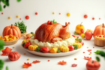 Thanksgiving Dinner Table Setting with Roasted Turkey  Mashed Potatoes  Pumpkins and Autum