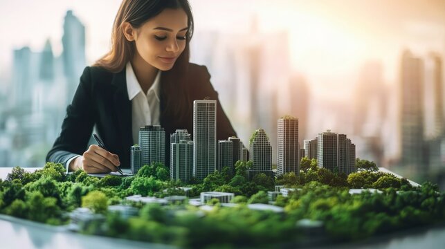 A businesswoman in a suit sits at a desk, thoughtfully drawing on a blueprint in front of a city model with greenery.