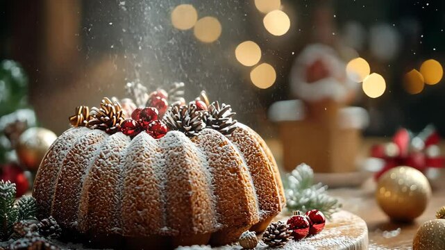 Baking a Christmas Bundt cake with powdered sugar and festive decorations, in a cozy kitchen filled with holiday spirit. . Video