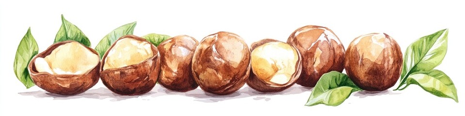 Organic Macadamia Nut Group. Watercolor Hand-Drawn Illustration on White Background