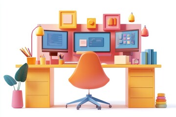 Modern Home Office Desk with Colorful Decor and Three Monitors