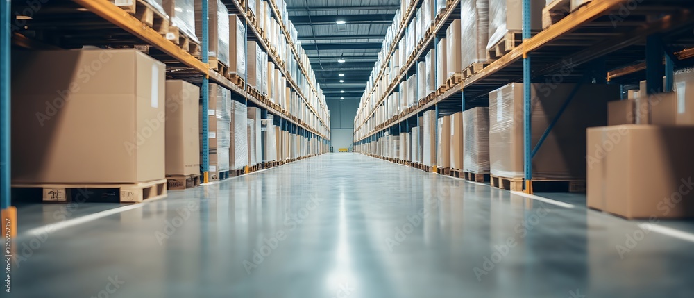 Poster efficient warehouse with organized stacked boxes