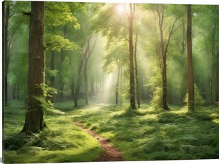 Fototapeta premium Sunlight in a green forest. Forest sunbeam. Ray of sunlight in forest green. Mossy forest sunbeam
