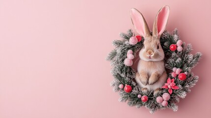 A rabbit is sitting in a wreath of pine needles and red berries
