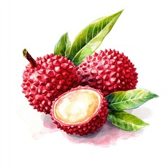 Ripe Lychee Fruits. Hand-painted Watercolor Illustration on White Background