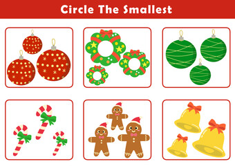 Fototapeta premium Christmas activity sheet. Education game for children with cute christmas illustration. Circle the smallest object in each group. Fun and educational size comparison worksheets for kids. 