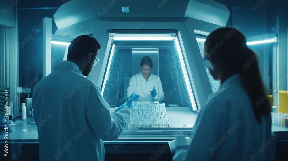Poster two scientists working in a laboratory with test tubes and equipment