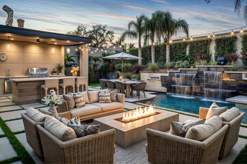 Fototapeta premium A Luxurious home patio with outdoor pool and glass doors 