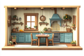 Fototapeta premium Cute Cartoon Kitchen Interior Design Illustration